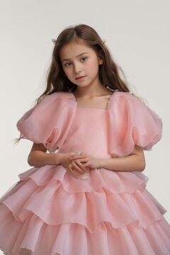 Kız Çocuk Balon Kollu Eteği KatKat Fırfırlı İçi Astarlı Somon Abiye