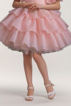 Kız Çocuk Balon Kollu Eteği KatKat Fırfırlı İçi Astarlı Somon Abiye