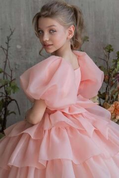 Kız Çocuk Balon Kollu Eteği KatKat Fırfırlı İçi Astarlı Somon Abiye