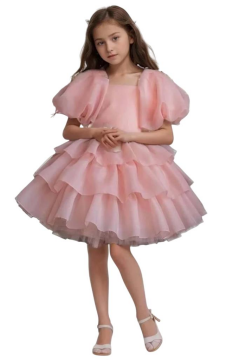 Kız Çocuk Balon Kollu Eteği KatKat Fırfırlı İçi Astarlı Somon Abiye