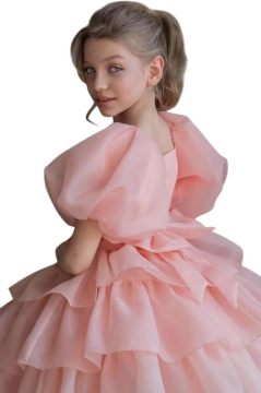 Kız Çocuk Balon Kollu Eteği KatKat Fırfırlı İçi Astarlı Somon Abiye