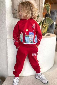 Kız Erkek Çocuk Kar Tanesi ve Bina Digital Baskılı Yazı Detaylı Christmas Kırmızı Eşofman Takım