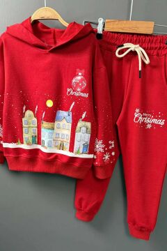 Kız Erkek Çocuk Kar Tanesi ve Bina Digital Baskılı Yazı Detaylı Christmas Kırmızı Eşofman Takım