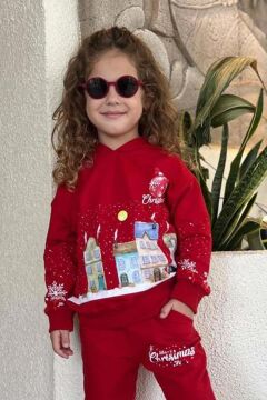 Kız Erkek Çocuk Kar Tanesi ve Bina Digital Baskılı Yazı Detaylı Christmas Kırmızı Eşofman Takım