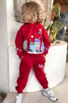 Kız Erkek Çocuk Kar Tanesi ve Bina Digital Baskılı Yazı Detaylı Christmas Kırmızı Eşofman Takım
