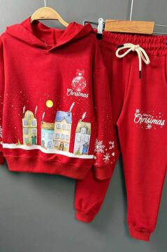 Kız Erkek Çocuk Kar Tanesi ve Bina Digital Baskılı Yazı Detaylı Christmas Kırmızı Eşofman Takım