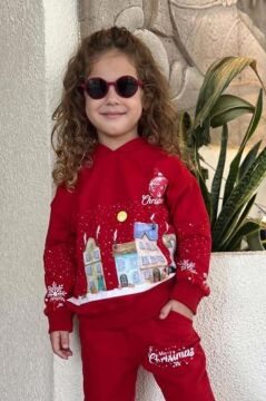 Kız Erkek Çocuk Kar Tanesi ve Bina Digital Baskılı Yazı Detaylı Christmas Kırmızı Eşofman Takım