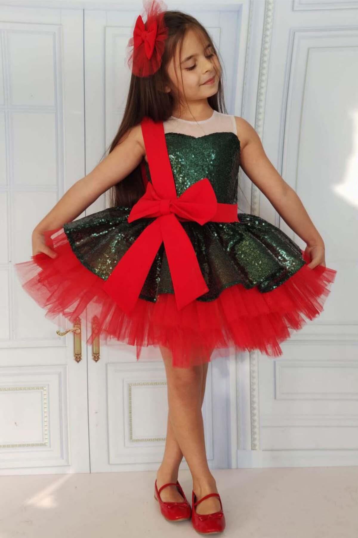 Kız Çocuk Önü ve Arkası Fiyonk Detaylı Üstü Pulpayet İşlemeli Etek Ucu Tüllü Haki Abiye