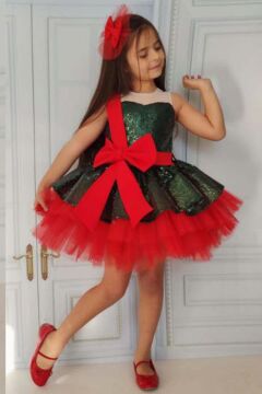 Kız Çocuk Önü ve Arkası Fiyonk Detaylı Üstü Pulpayet İşlemeli Etek Ucu Tüllü Haki Abiye