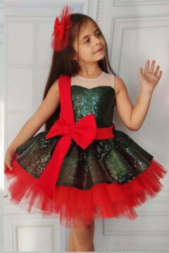 Kız Çocuk Önü ve Arkası Fiyonk Detaylı Üstü Pulpayet İşlemeli Etek Ucu Tüllü Haki Abiye