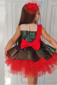 Kız Çocuk Önü ve Arkası Fiyonk Detaylı Üstü Pulpayet İşlemeli Etek Ucu Tüllü Haki Abiye