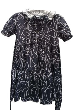 Kız Çocuk Yakası Fırfır ve Düğme Detaylı Karışık Desenli Viskon Siyah Salaş Elbise