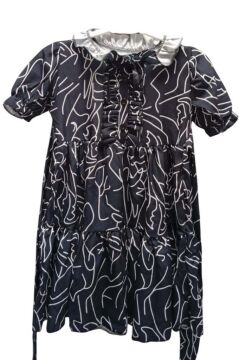 Kız Çocuk Yakası Fırfır ve Düğme Detaylı Karışık Desenli Viskon Siyah Salaş Elbise