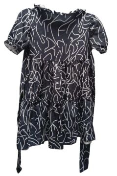 Kız Çocuk Yakası Fırfır ve Düğme Detaylı Karışık Desenli Viskon Siyah Salaş Elbise