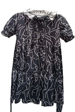 Kız Çocuk Yakası Fırfır ve Düğme Detaylı Karışık Desenli Viskon Siyah Salaş Elbise