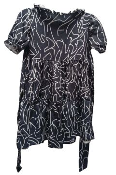 Kız Çocuk Yakası Fırfır ve Düğme Detaylı Karışık Desenli Viskon Siyah Salaş Elbise