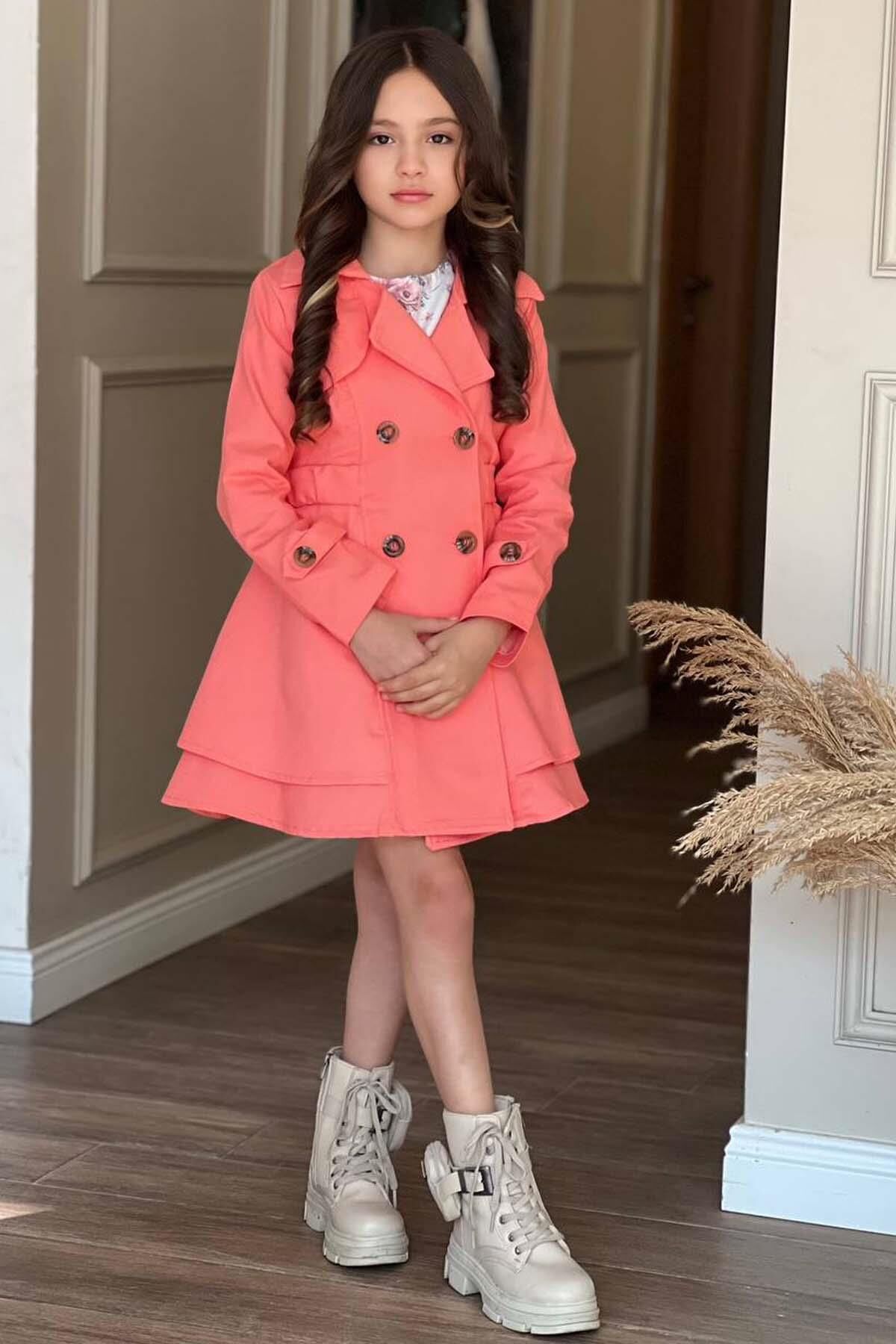 Kız Çocuk Çiçek Desenli Piliseli Yavru Ağzı Trençkotlu Elbise