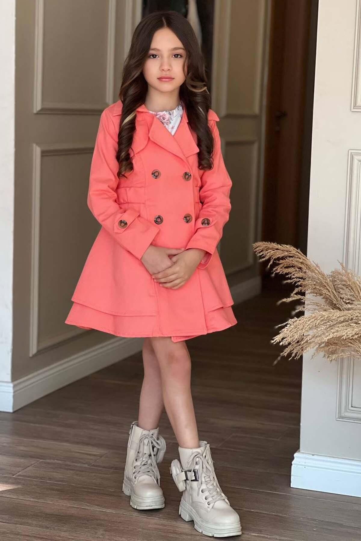 Kız Çocuk Çiçek Desenli Piliseli Yavru Ağzı Trençkotlu Elbise