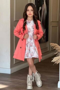 Kız Çocuk Çiçek Desenli Piliseli Yavru Ağzı Trençkotlu Elbise