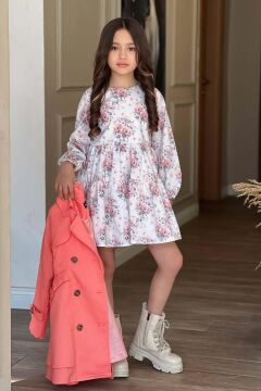 Kız Çocuk Çiçek Desenli Piliseli Yavru Ağzı Trençkotlu Elbise