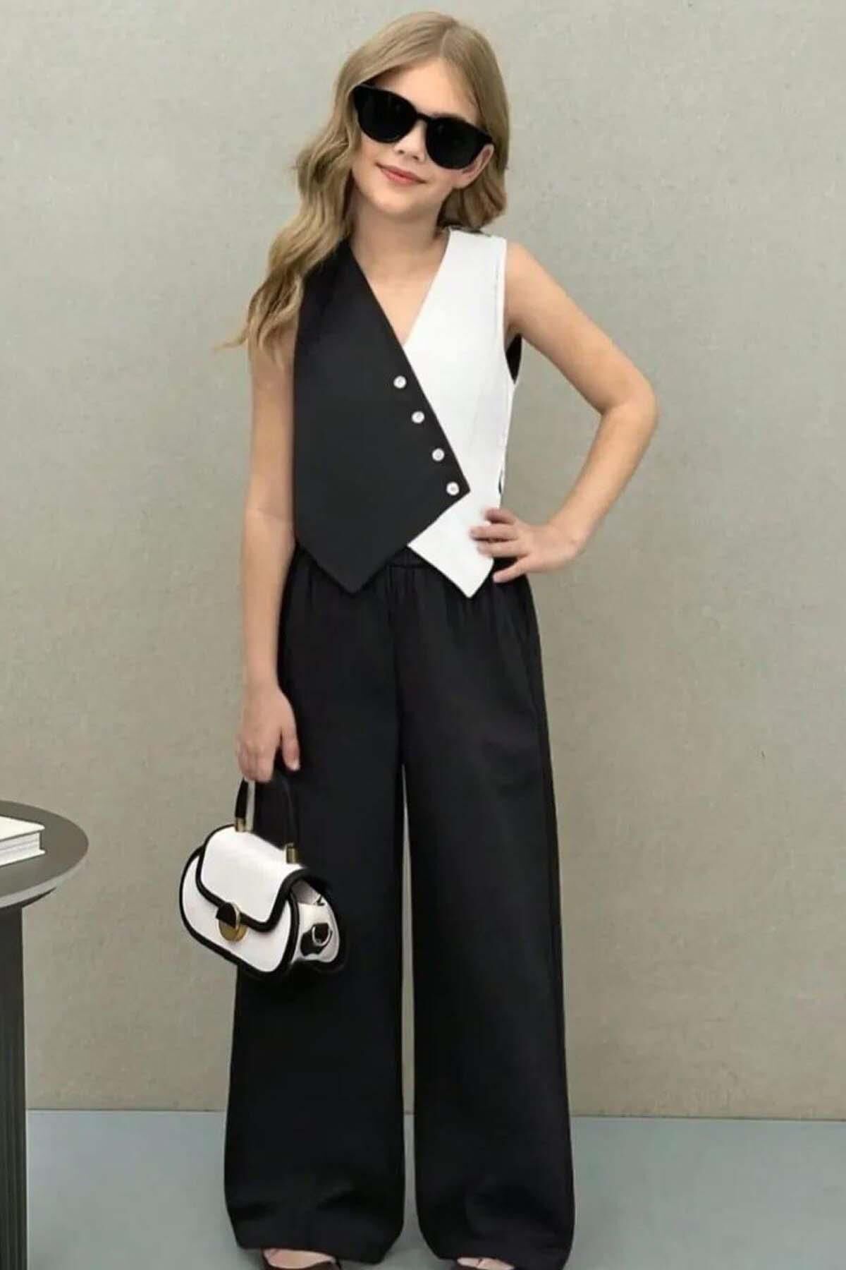 Kız Çocuk Asimetrik Kesim Çift Renk Yelek Palazzo Pantolon Siyah Alt Üst Takım