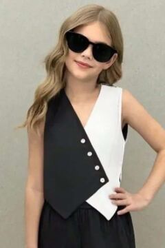 Kız Çocuk Asimetrik Kesim Çift Renk Yelek Palazzo Pantolon Siyah Alt Üst Takım