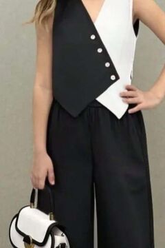 Kız Çocuk Asimetrik Kesim Çift Renk Yelek Palazzo Pantolon Siyah Alt Üst Takım