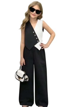 Kız Çocuk Asimetrik Kesim Çift Renk Yelek Palazzo Pantolon Siyah Alt Üst Takım