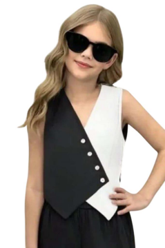 Kız Çocuk Asimetrik Kesim Çift Renk Yelek Palazzo Pantolon Siyah Alt Üst Takım