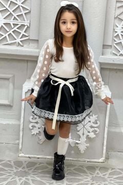 Kız Çocuk Kolları Puantiye ve Şeffaf Tül Detaylı Beyaz Kazak Üzeri Güpür Tüllü Saten Etekli Takım