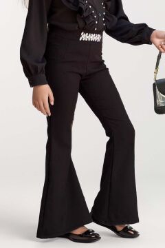 Kız Çocuk Omuzdan Taş ve Fırfırlı Gömlek Beli Taş İşlemeli İspanyol Paça Black Alt Üst Takım