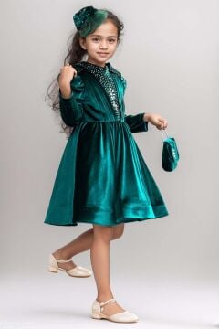Kız Çocuk Üzeri Çiçek Taş İşlemeli Boğazlı Yaka Yeşil Kadife Abiye