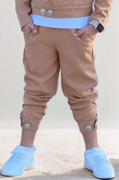 Erkek Çocuk Bisiklet Yaka Bluz ve Gümüş Düğme Detaylı Kahverengi Ceket Alt Üst Takım