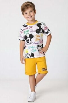 Erkek Çocuk Ayıcık Desen ve Renkli Yazılarla Penye T-Shirt Sarı Şortlu Takım