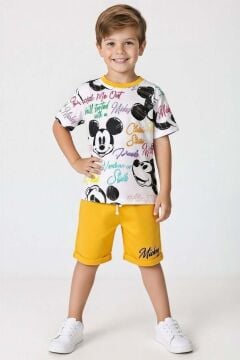 Erkek Çocuk Ayıcık Desen ve Renkli Yazılarla Penye T-Shirt Sarı Şortlu Takım