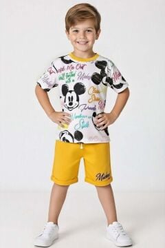 Erkek Çocuk Ayıcık Desen ve Renkli Yazılarla Penye T-Shirt Sarı Şortlu Takım