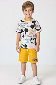 Erkek Çocuk Ayıcık Desen ve Renkli Yazılarla Penye T-Shirt Sarı Şortlu Takım