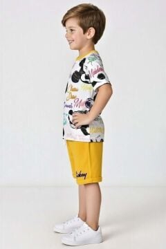 Erkek Çocuk Ayıcık Desen ve Renkli Yazılarla Penye T-Shirt Sarı Şortlu Takım