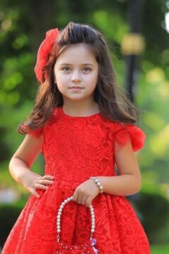 Kız Çocuk Üzeri Boydan Dantel Güpür İşlemeli Şeffaf Tüllü Sıfır Kol Kırmızı Elbise