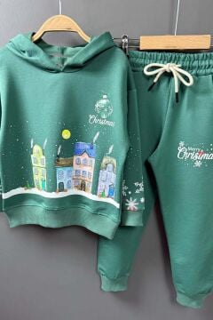 Kız Erkek Çocuk Kar Tanesi ve Bina Digital Baskılı Yazı Detaylı Christmas Yeşil Eşofman Takım