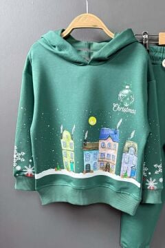 Kız Erkek Çocuk Kar Tanesi ve Bina Digital Baskılı Yazı Detaylı Christmas Yeşil Eşofman Takım
