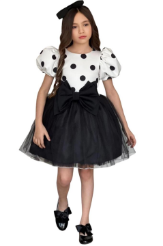 Kız Çocuk Balon Kollu Puantiyeli Eteği Kabarık Tüllü Fiyonk Detaylı Siyah Elbise 2-12 Yaş