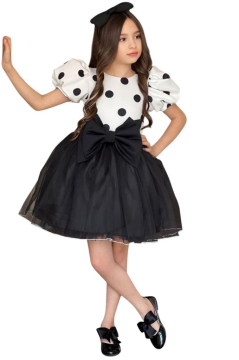 Kız Çocuk Balon Kollu Puantiyeli Eteği Kabarık Tüllü Fiyonk Detaylı Siyah Elbise 2-12 Yaş