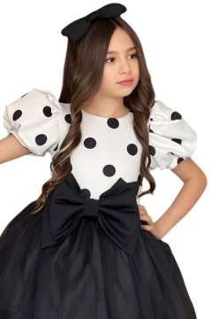 Kız Çocuk Balon Kollu Puantiyeli Eteği Kabarık Tüllü Fiyonk Detaylı Siyah Elbise 2-12 Yaş