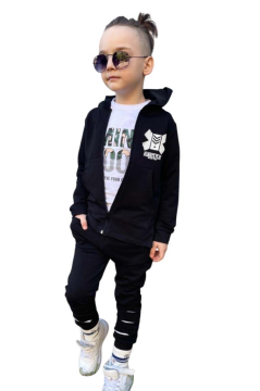 Erkek Çocuk Sırt Baskılı Minicool Yazı ve Paçaları Yırtmaç Detaylı Siyah Eşofman Takım