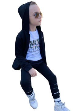 Erkek Çocuk Sırt Baskılı Minicool Yazı ve Paçaları Yırtmaç Detaylı Siyah Eşofman Takım