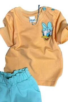 Kız Bebek Minnie Nakış İşlemeli Yazı Baskılı Mavi Şortlu Takım