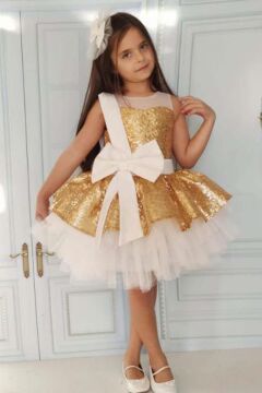 Kız Çocuk Önü ve Arkası Fiyonk Detaylı Üstü Pulpayet İşlemeli Etek Ucu Tüllü Gold Abiye