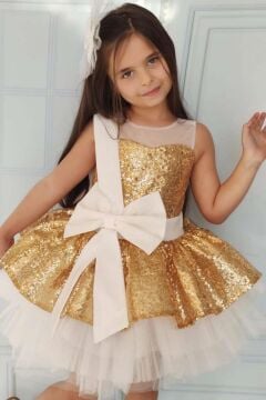 Kız Çocuk Önü ve Arkası Fiyonk Detaylı Üstü Pulpayet İşlemeli Etek Ucu Tüllü Gold Abiye