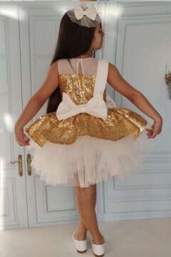 Kız Çocuk Önü ve Arkası Fiyonk Detaylı Üstü Pulpayet İşlemeli Etek Ucu Tüllü Gold Abiye